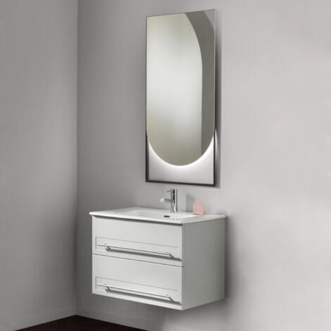 Mobile Bagno Sospeso 80 cm Wood Bianco con Lavabo Centrale in Resina e Specchio  Tondo Fiji - Meda