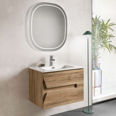 Mobile Bagno Con Piedini 'Athena' Sottolavabo 2 Cassetti + Specchio  Cm.80X45X80H Rovere