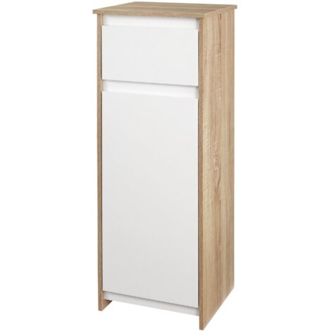 Mobile Bagno con Cassetto e Armadietto con Ripiano Regolabile Interno 32,6x30x90 cm in MDF Bianco e legno naturale
