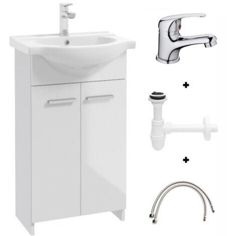 Mobile bagno con lavabo 85x50 bianco, freestanding Marlena con rubinetto compatto cromato