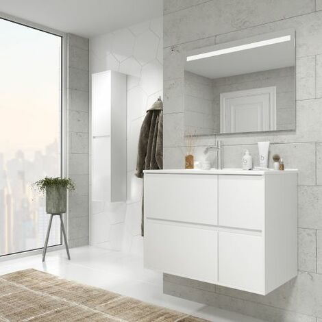 Composizione di mobili bagno con lavabo, colonna, pensile e specchio  modello York01 200x46x190h cm Bianco Lucido