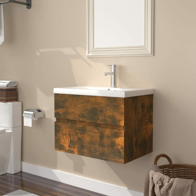 Image of Soekavia - Mobile Bagno con Lavabo Integrato, Armadietto Bagno con Lavabo, Set di mobili da bagno Rovere Fumo Legno Multistrato HWQ77036 MaisonChic