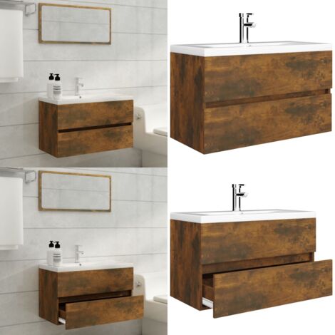 Mobile Bagno con Lavabo Integrato Rovere Fumo Legno Multistrato - Lavabo da incasso - Mobile sottolavabo