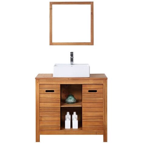 Mobile bagno con lavabo semplice e specchio 90 cm in Legno di acacia - PULUKAN