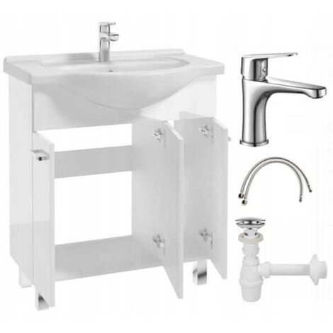 Mobile bagno con lavabo su gambe 84x75, in appoggio Mea bianco con rubinetto cromato allungato