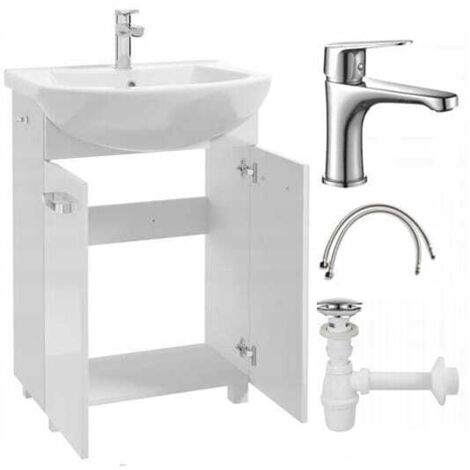 Mobile bagno con lavabo su gambe 85x60, in appoggio, Mila bianco, con rubinetto cromato allungato