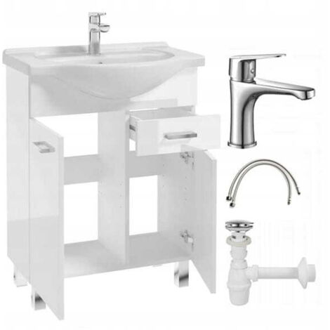 Mobile bagno con lavabo su gambe 85x65, appoggio bianco Mea con rubinetto cromato allungato