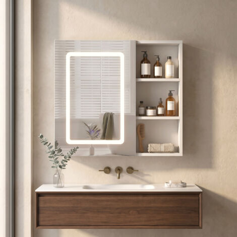 Mobile bagno con specchio 60x15x60 cm, sospeso con LED a 3 colori e anti-appannamento, in legno e vetro, bianco