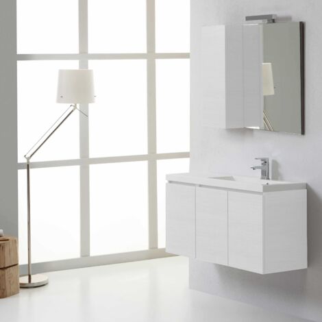 Mobile Bagno Da 90 Cm Destro Con Ante, Specchio E Pensile Bianco  Manhattan