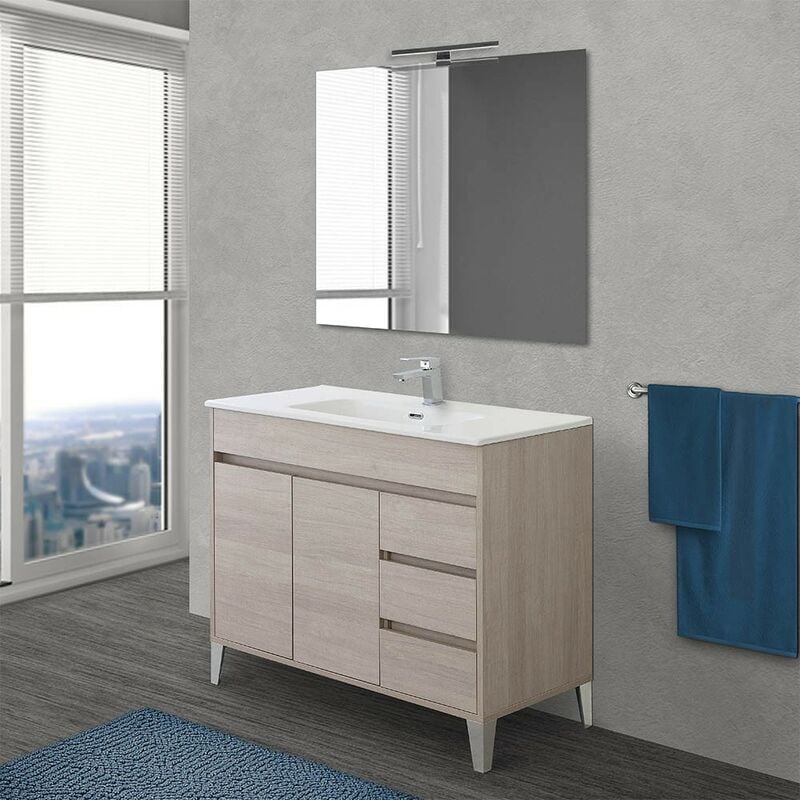 Image of Mobile bagno da terra 100 cm linea Way rovere chiaro con specchio e lavabo