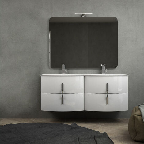 Mobile bagno doppio lavabo 140 cm bianco lucido sospeso  senza specchio e senza colonna