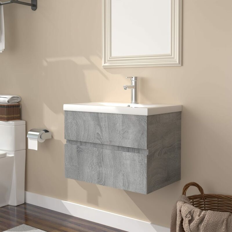 Image of Mobile Bagno e Lavabo Integrato, Armadietto Bagno con Lavabo, Set di mobili da bagno Grigio Sonoma Legno Multistrato HWQ37744 MaisonChic