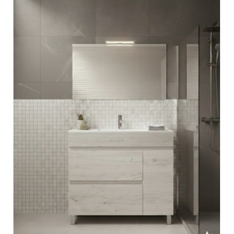 Mobile Bagno FENRIR Già Montato 2 cassetti e porta con piedini, lavabo e specchio Bianco nordico 90x45 cm
