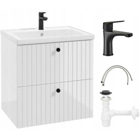 Mobile bagno Lamella con lavabo 60 cm, set rubinetto + sifone, bianco Rietti