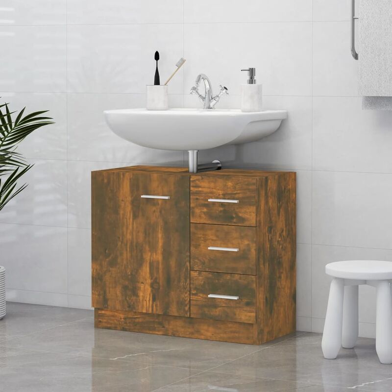 Image of Maisonchic - Mobile Bagno Lavabo, Mobile base lavabo, Armadietto da Terra Mobiletto Rovere Fumo 63x30x54 cm in Legno Multistrato HWQ46717