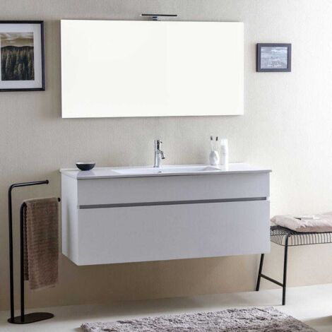Mobile Bagno Moderno Bianco Legno Con Lavabo Da 120 Cm E Specchio Sole