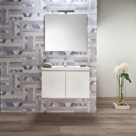 Mobile Bagno Moderno Sospeso 100 cm Bianco 2 ante Lavabo e Specchio