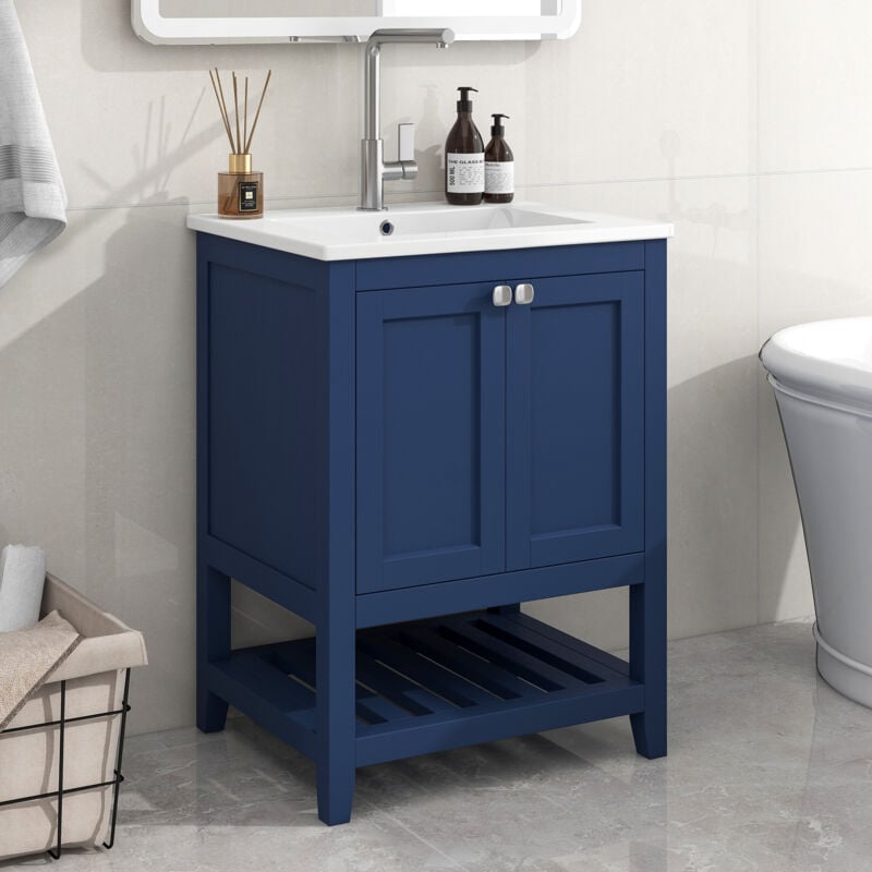 Image of Mobile bagno lavabo singolo con base da 60 cm con lavabo in ceramica, colore blu