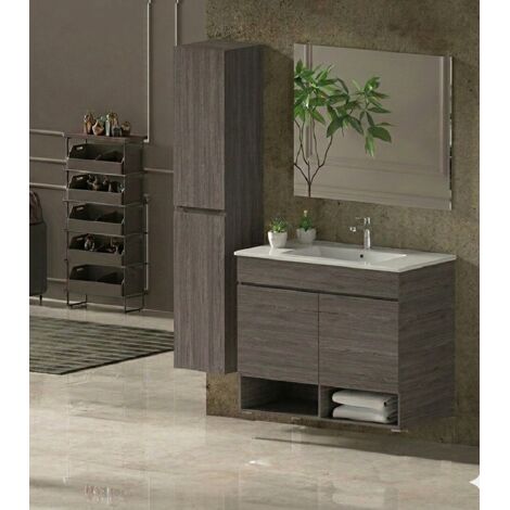 Mobile Bagno NEBARI Già Montato 2 portas, lavabo e specchio Rovere affumicato 50x40 cm con colonna