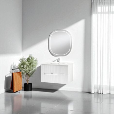 Mobile bagno RIGHE 70 cm 2 cassetti Larice Bianco e specchio LED Frontale