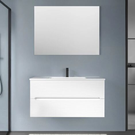 Mobile bagno sospeso 100 bianco cannettato 2 cassetti lavabo e specchio Rigo