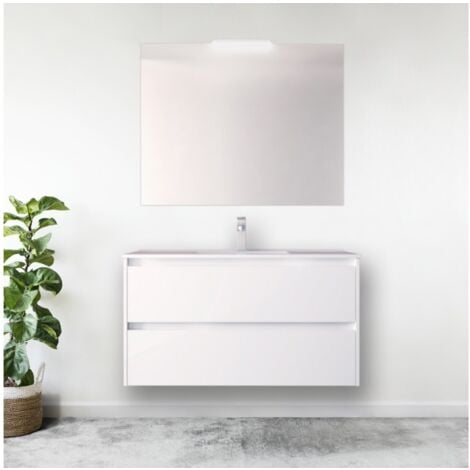 Mobile bagno sospeso 100 cm 2 cassetti in legno bianco lucido con lavabo a incasso - Nova - Standard