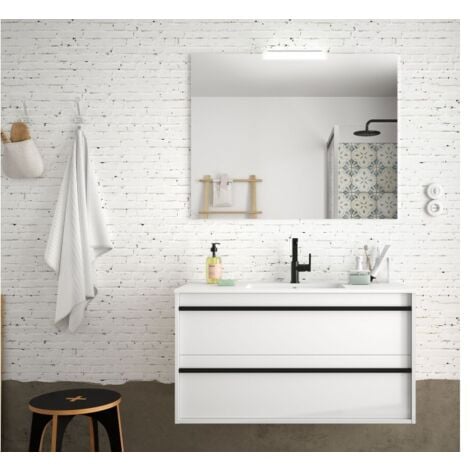 Mobile bagno sospeso 100 cm 2 cassetti in legno bianco opaco con lavabo a incasso - Astoria - 100 cm Standard