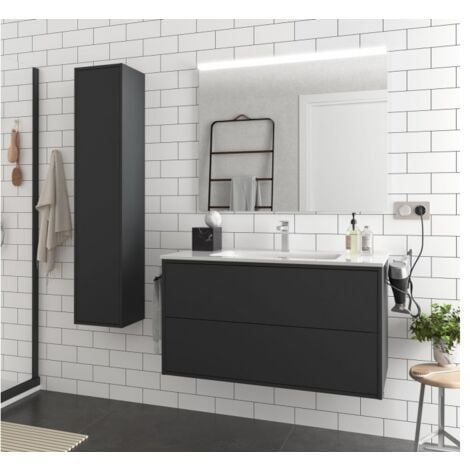 Mobile bagno sospeso 100 cm 2 cassetti in legno nero opaco con lavabo ad incasso - Olympus - 100 cm Standard