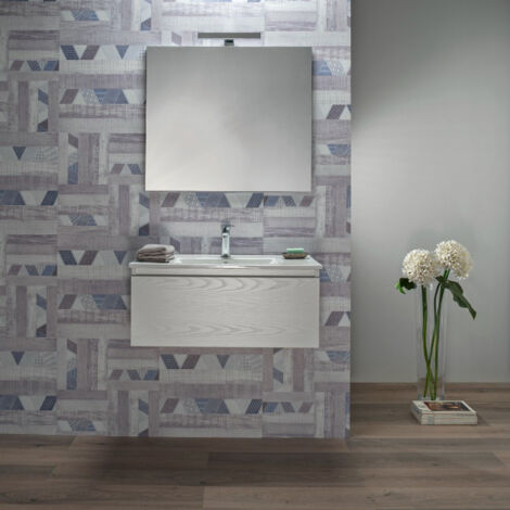 Mobile Bagno Sospeso 100 cm Bianco con Cassetto Lavabo e Specchio