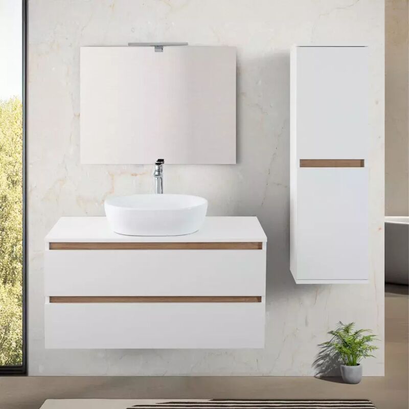 Inbagno Mobile Bagno Sospeso 100 Cm Bianco E Rovere Con Cassetti So...