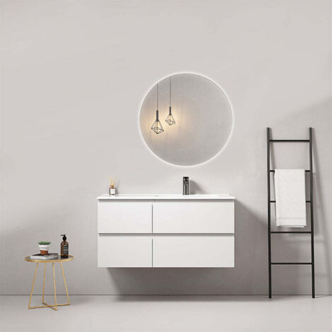 Mobile bagno sospeso 100 cm Bianco Lavabo a Destra in Ceramica Specchio Tondo Retroilluminato - Fiji Paint