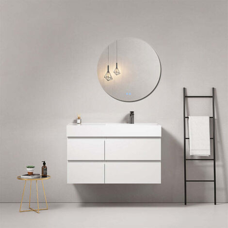 Mobile bagno sospeso 100 cm Bianco Lavabo a Destra in Resina Specchio Tondo - Fiji Paint