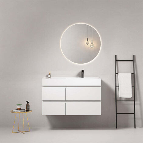 Mobile bagno sospeso 100 cm Bianco Lavabo a Destra in Resina Specchio Tondo Retroilluminato - Fiji Paint