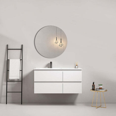 Mobile bagno sospeso 100 cm Bianco Lavabo a Sinistra in Ceramica Specchio Tondo - Fiji Paint