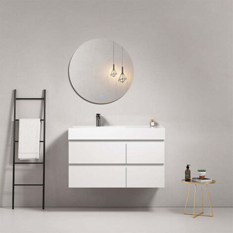 Mobile bagno sospeso 100 cm Bianco Lavabo a Sinistra in Resina Specchio Tondo - Fiji Paint