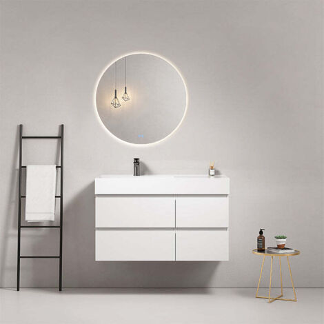 Mobile bagno sospeso 100 cm Bianco Lavabo a Sinistra in Resina Specchio Tondo Retroilluminato - Fiji Paint