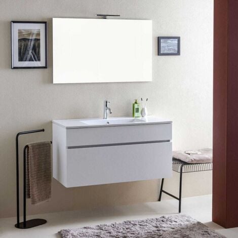 Mobile Bagno Sospeso 100 Cm Con Cassettone Bianco Effetto Legno  Sole