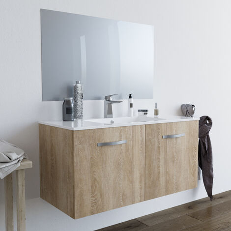 Mobile bagno sospeso rovere well, 100cm, base con lavabo, specchio