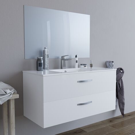 Mobile bagno sospeso moderno 100 cm curvo frassino bianco con lavabo  ceramica e specchio Mod. Berlino, Arcshop
