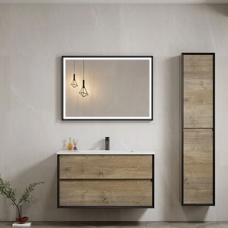 Mobile Bagno Sospeso 100 cm Wood Grey con Lavabo Centrale in Ceramica e Specchio  Tondo Retroilluminato Fiji - Meda