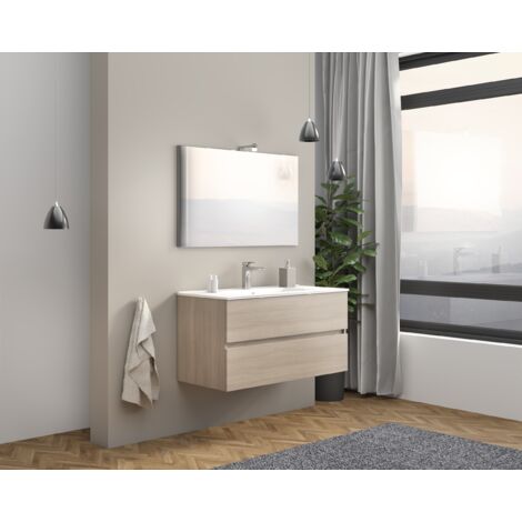 Mobile bagno sospeso 100 cm in legno rovere fumo con lavabo e specchio - Empoli - Con specchio e lampada LED