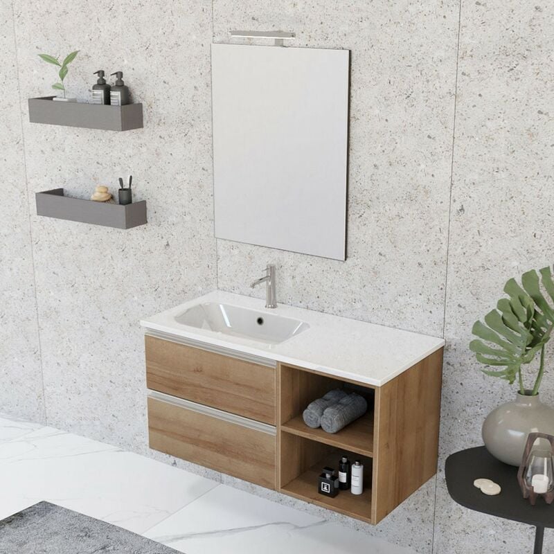 Arche' - Mobile Bagno Sospeso Rovere 90 Cm Con Colonna Lavabo E ...