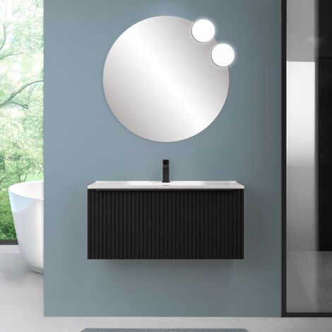 Mobile bagno sospeso 100 cm nero opaco cannettato con cassetto, specchio e lavabo Nara