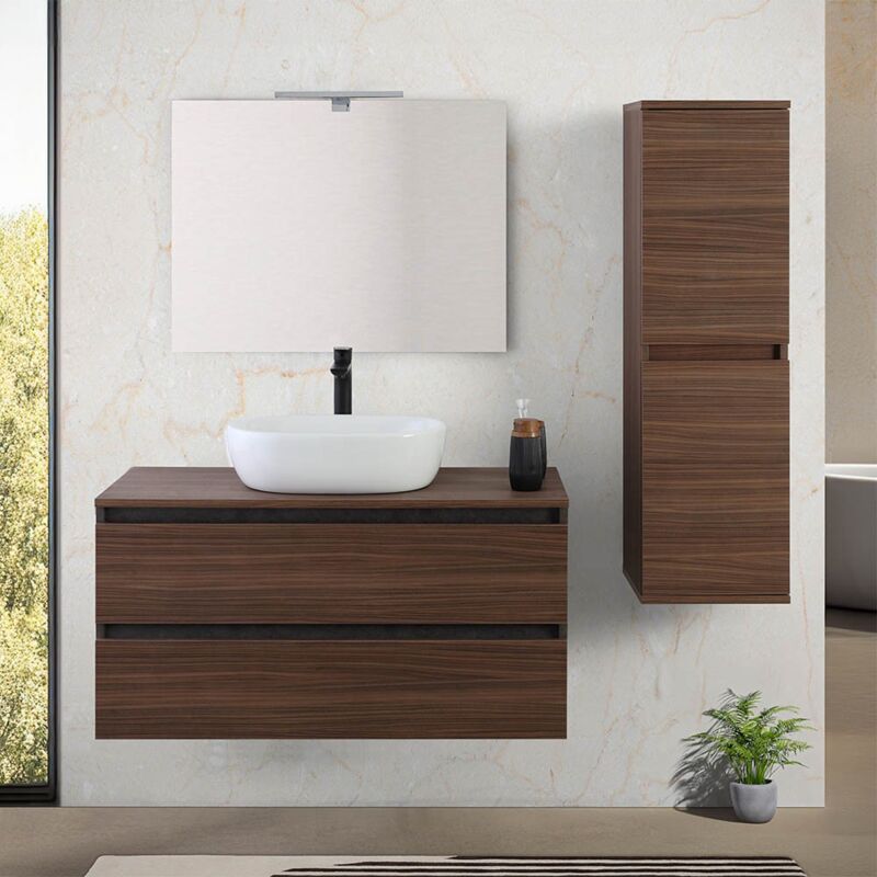 Image of Mobile bagno sospeso 100 cm ossido e noce con top lavabo e specchio Kleo