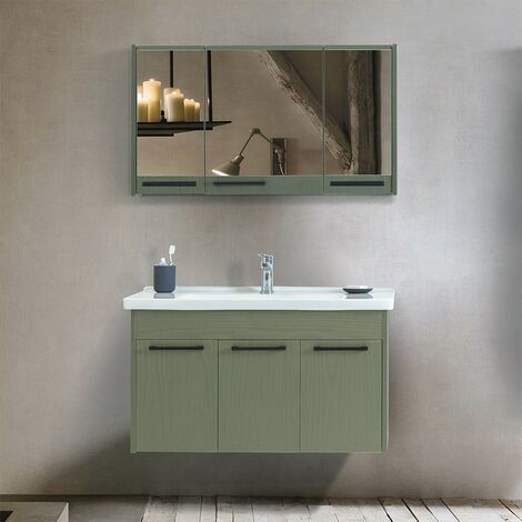 Composizione bagno con lavabo e specchio contenitore illuminato modello  KoraXL03 60x46x195h cm Rovere Scuro