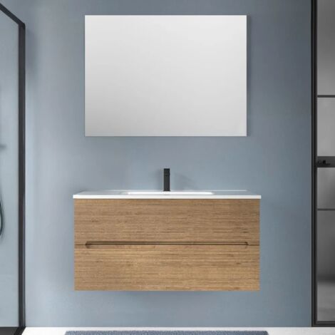 Mobile bagno sospeso 100 rovere cannettato 2 cassetti lavabo e specchio Rigo