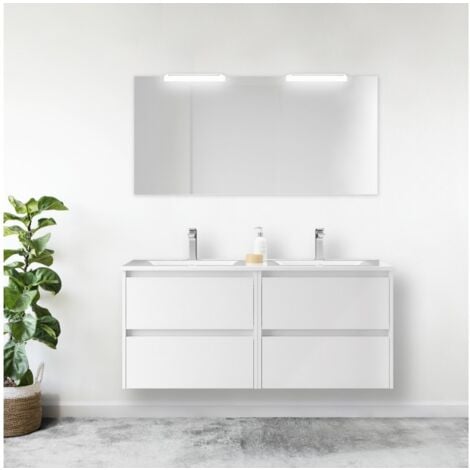 Mobile bagno sospeso 120 cm 4 cassetti in legno bianco lucido con lavabo a incasso - Nova - Standard