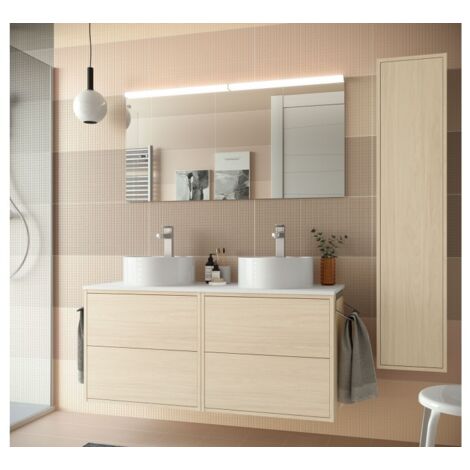 Mobile bagno sospeso 120 cm 4 cassetti in legno nordick con doppio lavabo d'appoggio - Olympus - 120 cm Con Specchio Doppia colonna e Doppia lampada LED - Accessorio: Standard - Misura: 120 cm