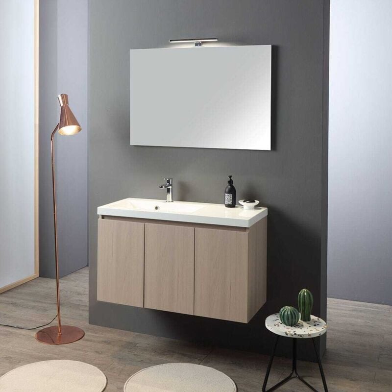 Kiamami Valentina - Meuble De Salle De Bains Suspendu Avec 3 Portes 90 Cm, Lavabo à Gauche Avec Miroir 90X60 Malaga