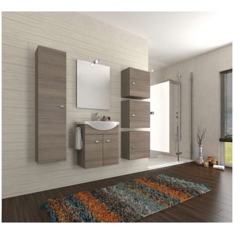 Mobile bagno sospeso 55 cm in legno rovere fumo con lavabo in ceramica e specchio con lampada a led - Polis